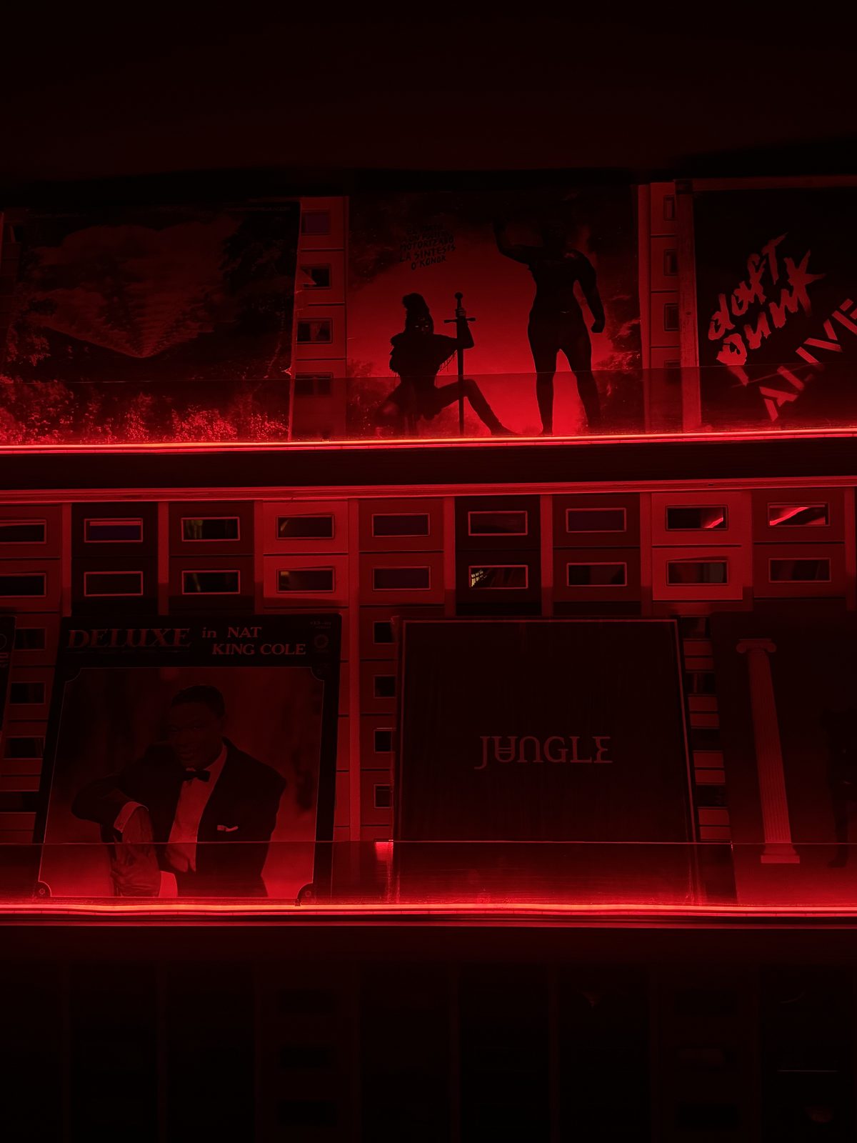 Estantería con luz roja y vinilos en OYE Mendoza